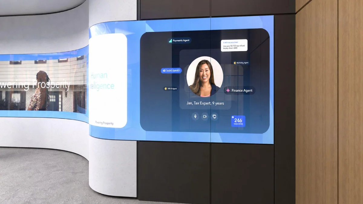 Rendering of an AI assistant demo on a large screen set into curved walls