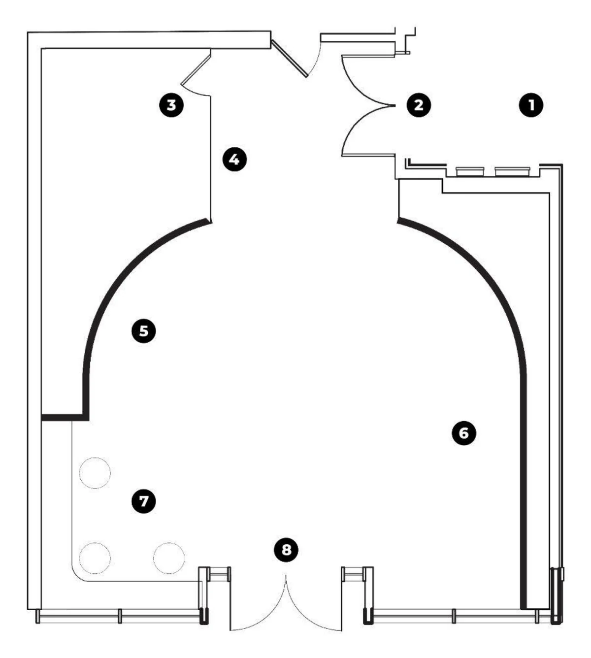 Final plan with an arched wall and numbered zones from arrival to exit