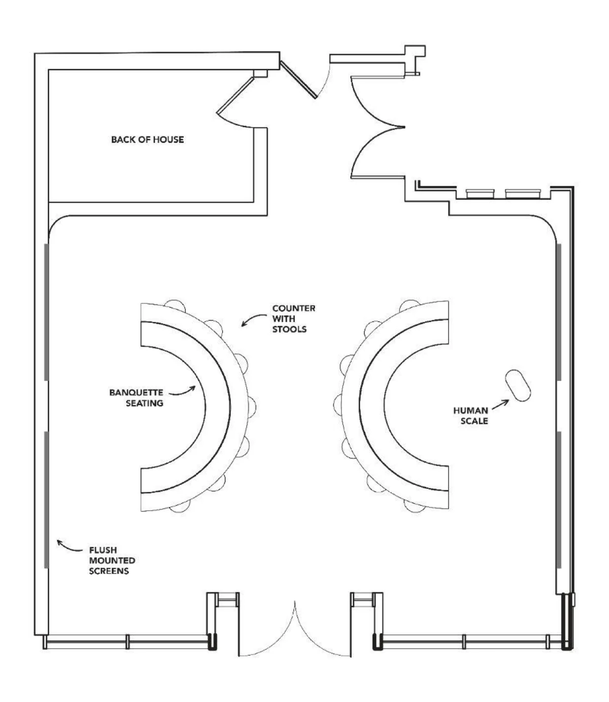 Sketch plan with two curved banquettes facing outward