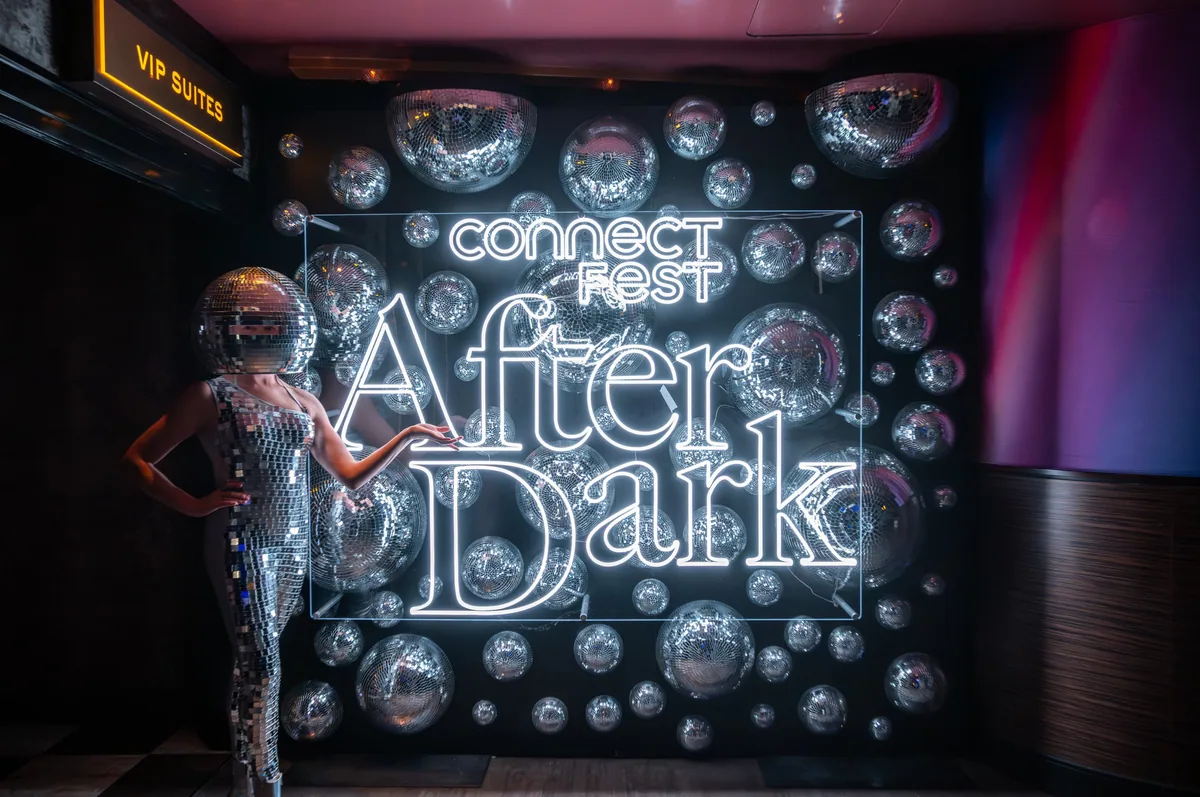 Connect After Dark entrance with mirror ball lettering