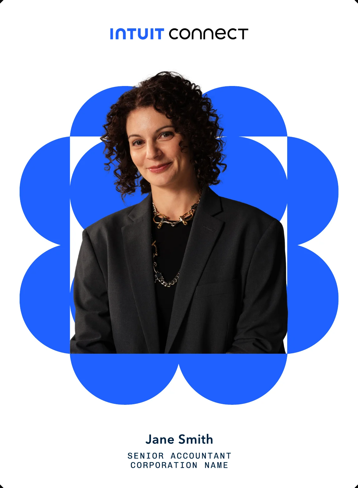 Speaker card with portrait framed by blue scalloped shapes