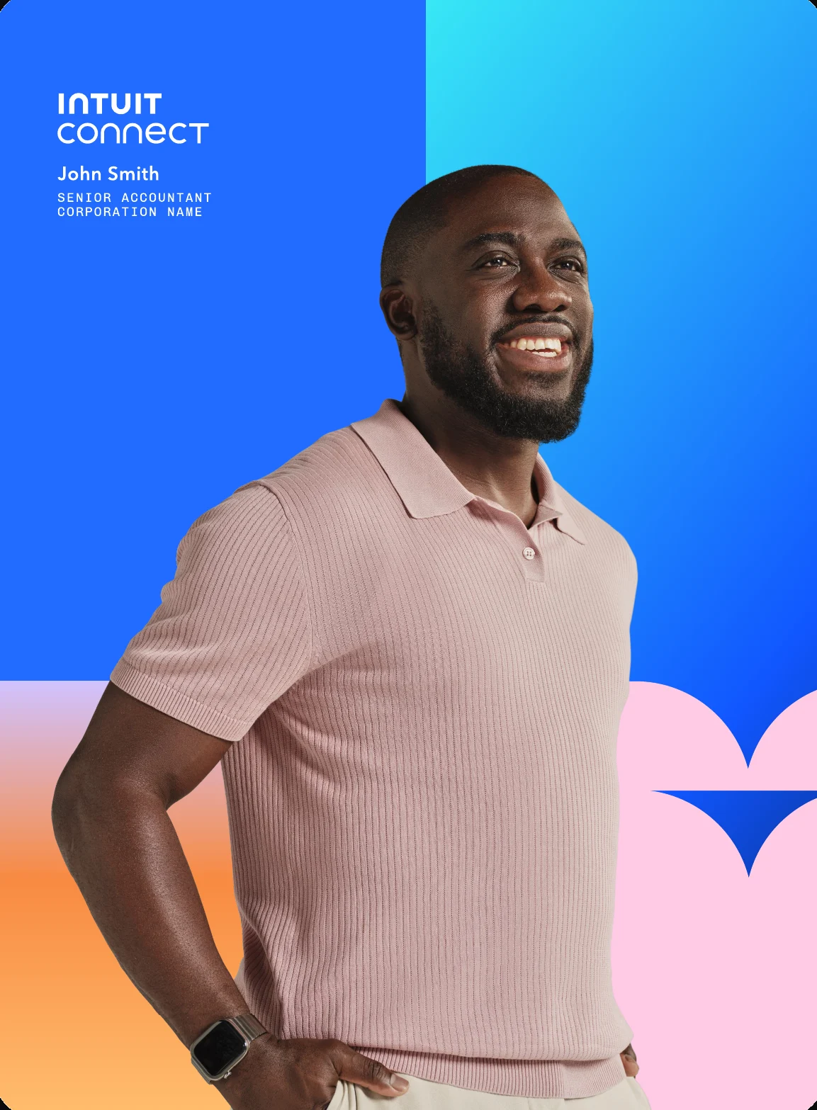 Speaker poster with portrait on blue and pink color fields