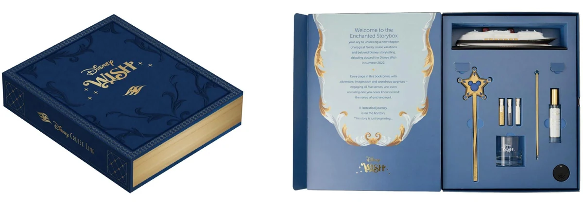Storybox design: the closed navy and gold box and the open box with its welcome page and inserts