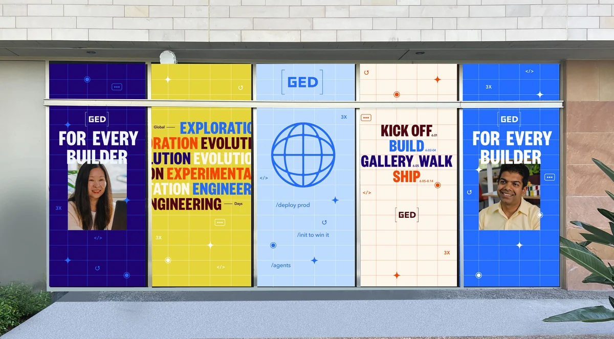 Row of GED window banners with builder portraits