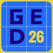 GED visual identity: color palette, pins, kickoff poster and GED wordmark panel
