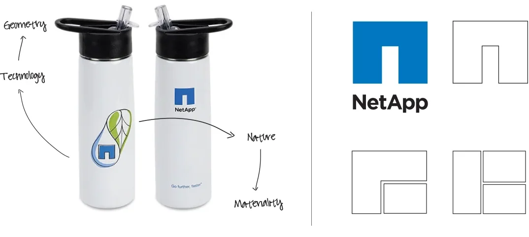 Concept sketch: a water bottle illustration and the NetApp logo deconstructed into shelving shapes