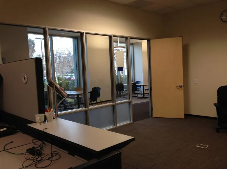 The narrow former IT room with its original furniture