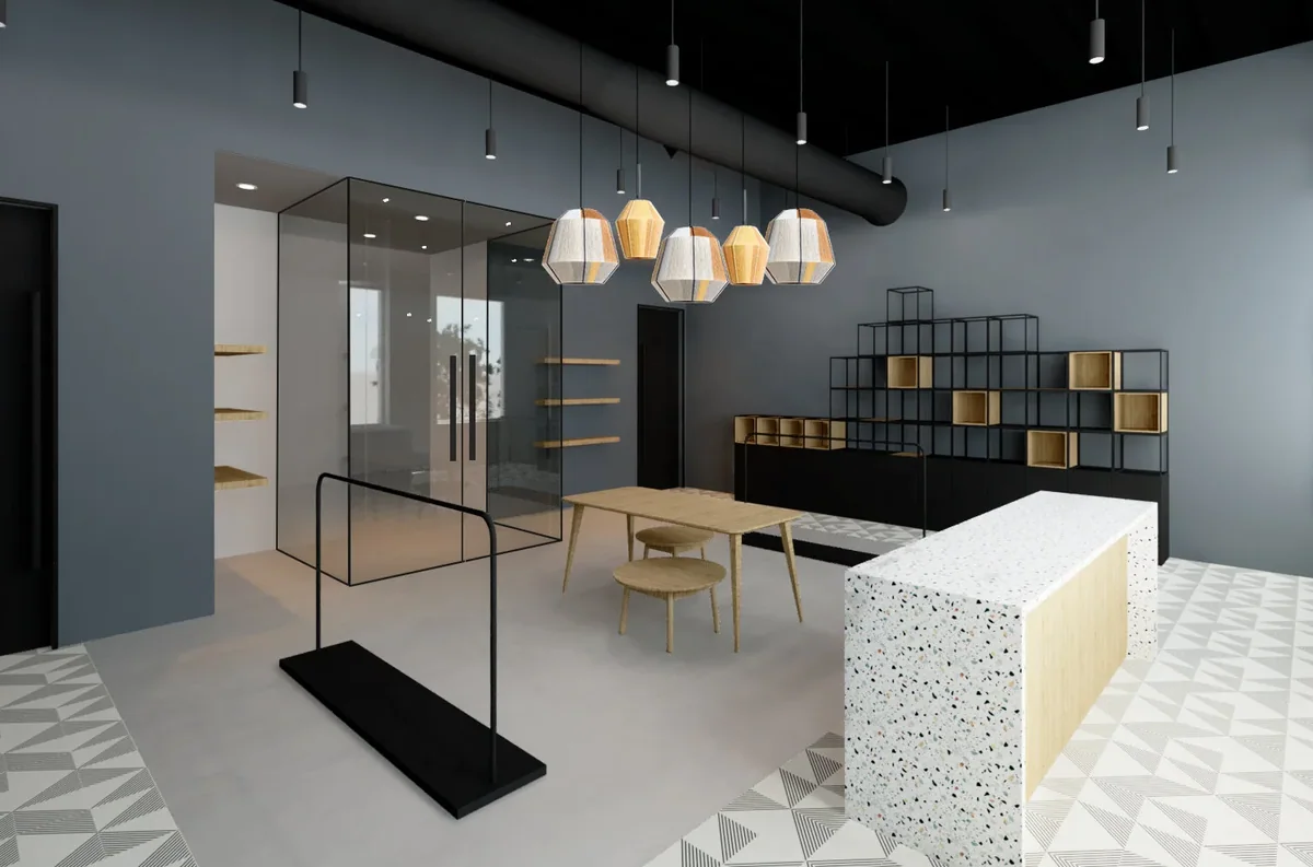 Rendering of Store 2.0 with a terrazzo counter and graphic cement tile floor