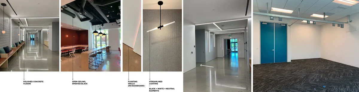 The new building: polished concrete, an open ceiling and floor-to-ceiling glass