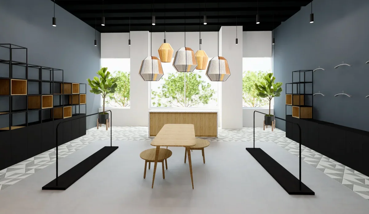 Rendering of Store 2.0 with black metal fixtures, pendant lights and a wood table